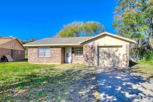 ranch-style home featuring brick siding, an attached garage, driveway, and a front lawn