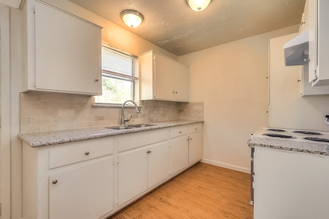 kitchen with range hood, a sink, light countertops, light wood finished floors, and backsplash