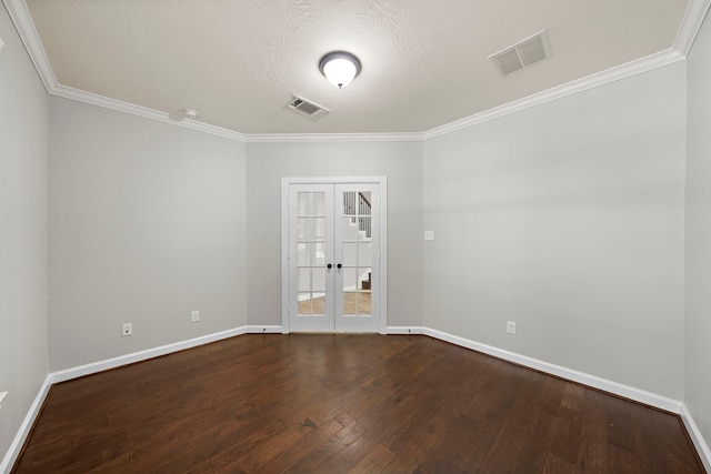 empty room with french doors, dark wood-style flooring, baseboards, and visible vents