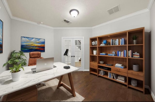 office area with crown molding, french doors, dark wood finished floors, and visible vents