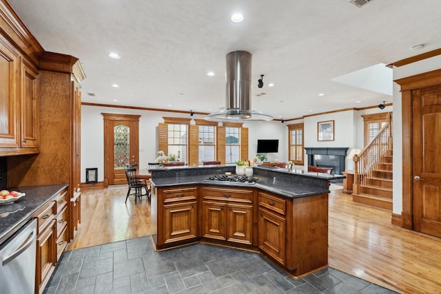 6114 Truro St, Houston, TX 77007 - kitchen with crown molding, appliances with stainless steel finishes, island exhaust hood, and recessed lighting