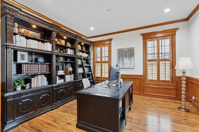 6114 Truro St, Houston, TX 77007 - office area featuring a wealth of natural light, light wood-style floors, ornamental molding, and a wainscoted wall