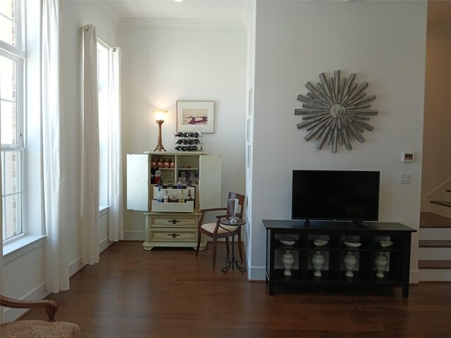 living area featuring baseboards, wood finished floors, stairs, and ornamental molding