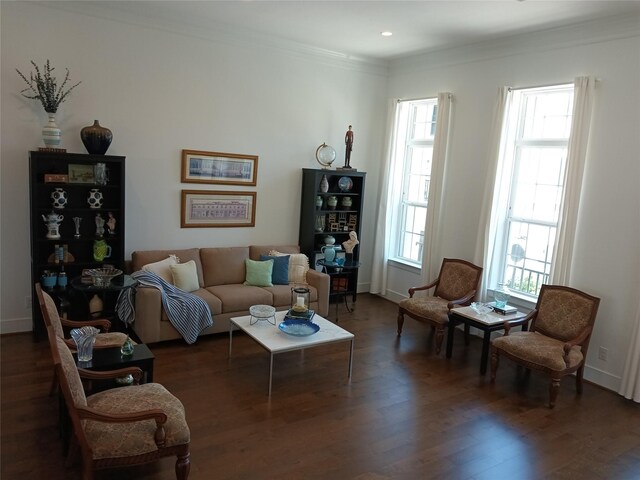 living room featuring wood finished floors, ornamental molding, and baseboards