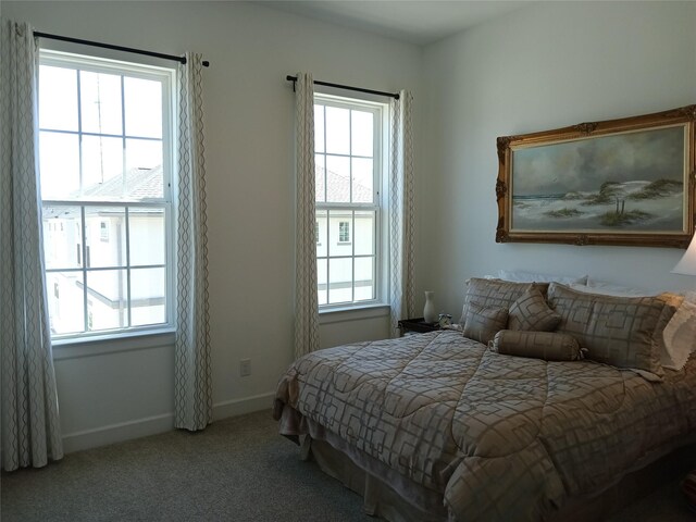 carpeted bedroom featuring baseboards and multiple windows