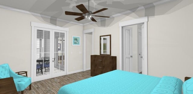 bedroom featuring french doors, ornamental molding, wood finished floors, and access to exterior