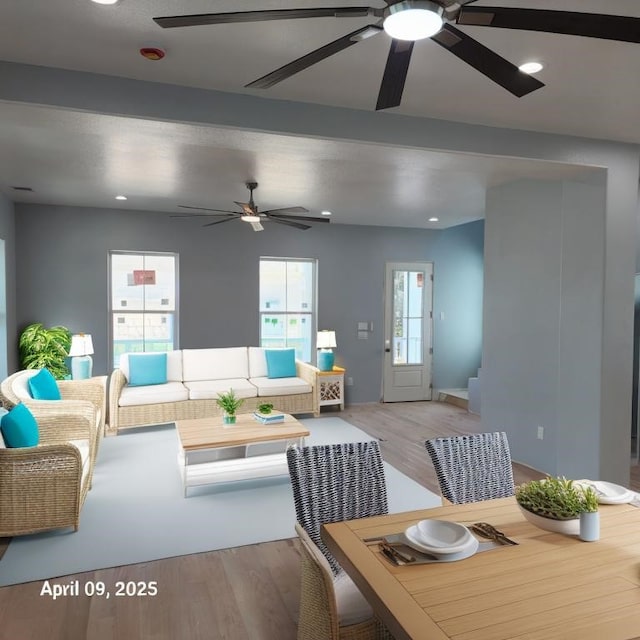 dining area featuring recessed lighting, ceiling fan, and wood finished floors