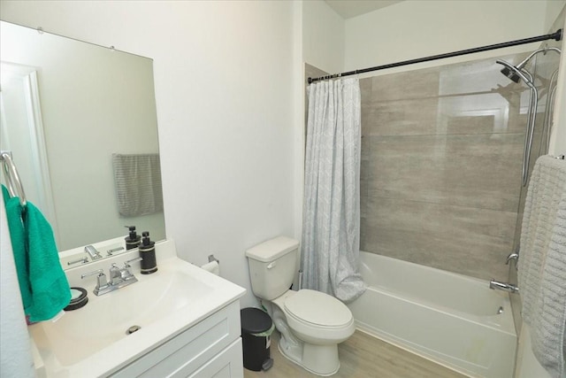 17014 Wild Stream Ct, Conroe, TX 77302 - bathroom with toilet, shower / bath combination with curtain, wood finished floors, and vanity