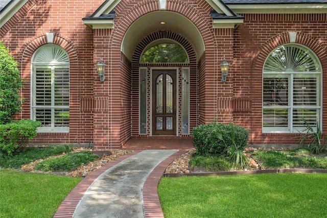 8802 Kennet Valley Rd, Spring, TX 77379 - doorway to property with brick siding, a shingled roof, and french doors