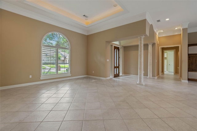 8802 Kennet Valley Rd, Spring, TX 77379 - empty room featuring ornamental molding, ornate columns, light tile patterned floors, baseboards, and a raised ceiling