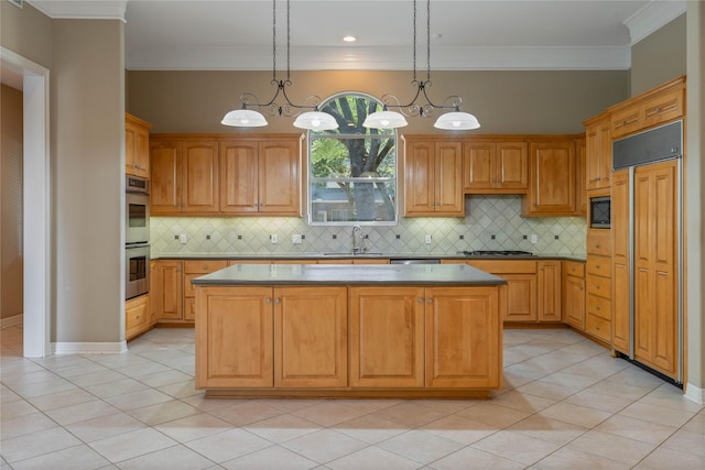 8802 Kennet Valley Rd, Spring, TX 77379 - kitchen featuring built in appliances, a center island, light tile patterned flooring, a chandelier, and ornamental molding