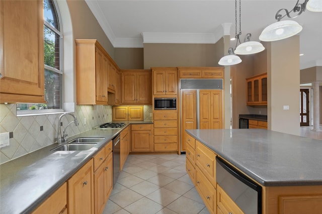 8802 Kennet Valley Rd, Spring, TX 77379 - kitchen featuring built in microwave, a sink, stainless steel dishwasher, ornamental molding, and backsplash