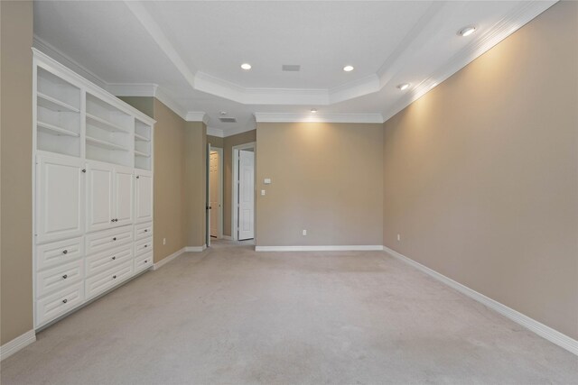 8802 Kennet Valley Rd, Spring, TX 77379 - unfurnished bedroom featuring a raised ceiling, light carpet, ornamental molding, baseboards, and recessed lighting