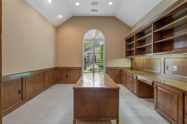 8802 Kennet Valley Rd, Spring, TX 77379 - unfurnished office with light colored carpet, wainscoting, built in desk, recessed lighting, and lofted ceiling