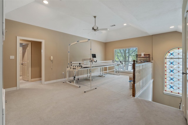 8802 Kennet Valley Rd, Spring, TX 77379 - office with ceiling fan, carpet, lofted ceiling, recessed lighting, and baseboards