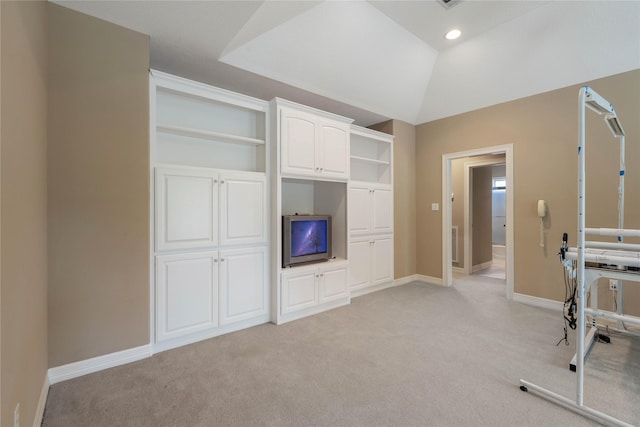 8802 Kennet Valley Rd, Spring, TX 77379 - unfurnished bedroom with light colored carpet, baseboards, lofted ceiling, recessed lighting, and a closet