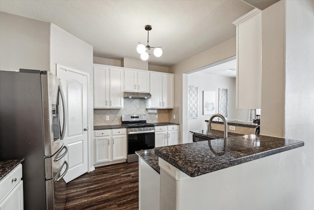 kitchen with dark wood-style flooring, appliances with stainless steel finishes, a peninsula, backsplash, and under cabinet range hood