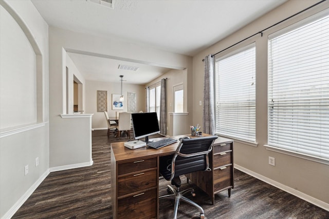 home office featuring visible vents, baseboards, and dark wood-style floors