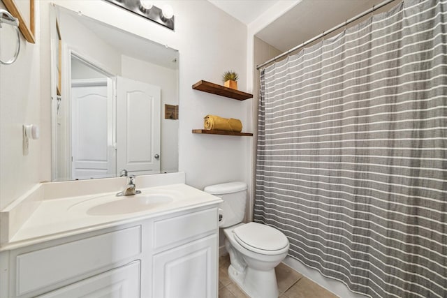 full bathroom with a shower with curtain, tile patterned floors, vanity, and toilet