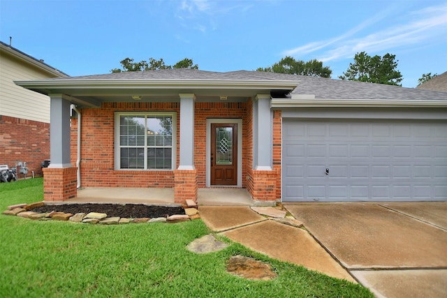 doorway to property with roof with shingles, an attached garage, brick siding, a porch, and driveway