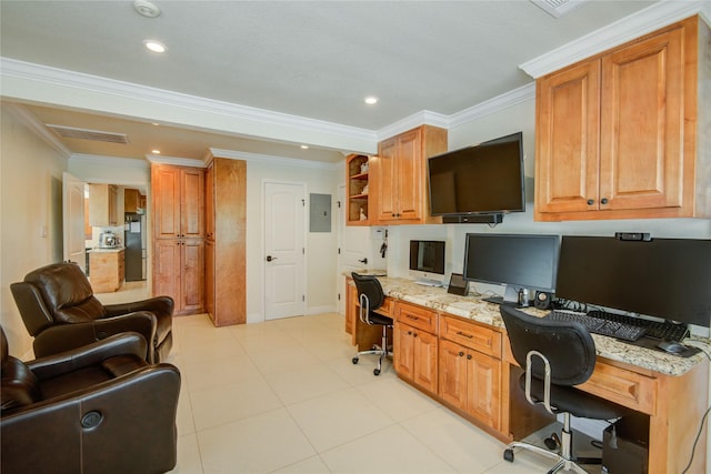 14227 Indian Wells Dr, Houston, TX 77069 - home office with built in desk, crown molding, recessed lighting, and electric panel