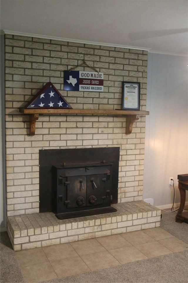 11774 S US Highway 69, Huntington, TX 75949 - detailed view of a fireplace, crown molding, baseboards, and carpet