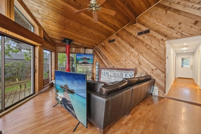 interior space with light wood-type flooring, wooden walls, visible vents, lofted ceiling, and wood ceiling