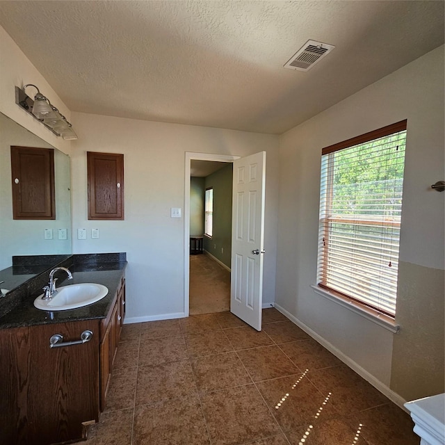 11727 Madison Oak St, Houston, TX 77038 - bathroom with a textured ceiling, vanity, baseboards, and visible vents