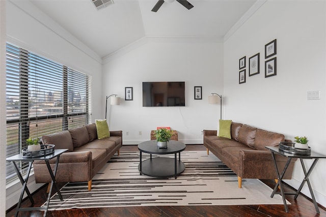 3412 St Emanuel St, Houston, TX 77004 - living area featuring vaulted ceiling, wood finished floors, a ceiling fan, baseboards, and crown molding