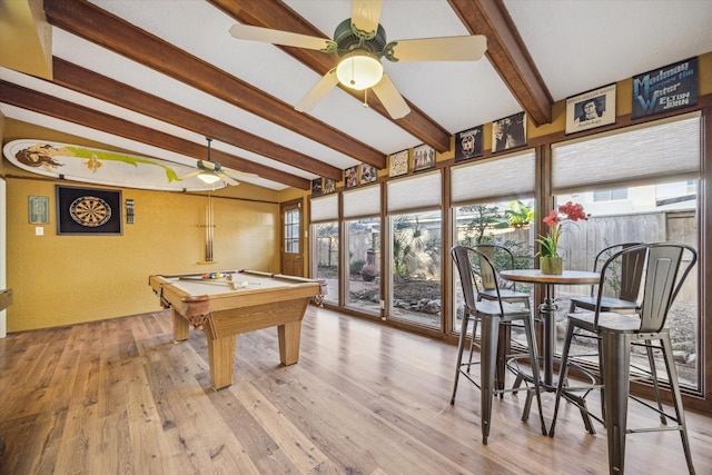 recreation room with wood finished floors, a ceiling fan, a textured wall, and pool table