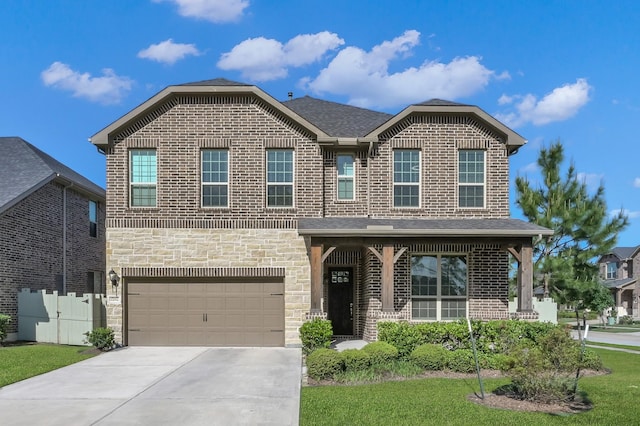 17052 Easter Lily Dr, Conroe, TX 77385 - view of front of home featuring an attached garage, brick siding, concrete driveway, a shingled roof, and stone siding
