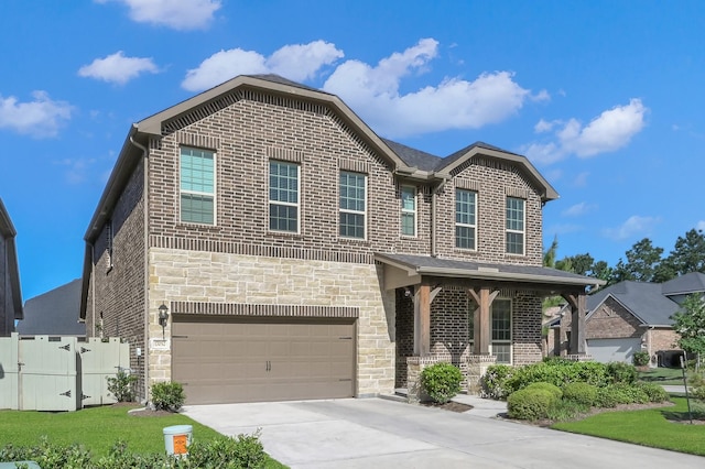 17052 Easter Lily Dr, Conroe, TX 77385 - view of front of home with a garage, stone siding, concrete driveway, covered porch, and brick siding