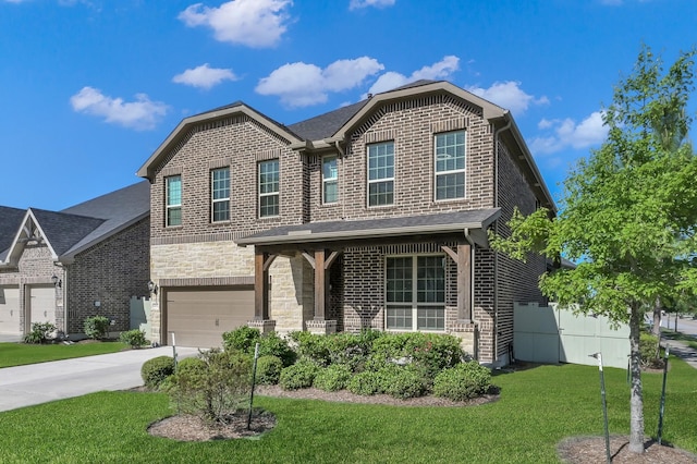 17052 Easter Lily Dr, Conroe, TX 77385 - view of front of home with a front lawn, a garage, driveway, brick siding, and stone siding