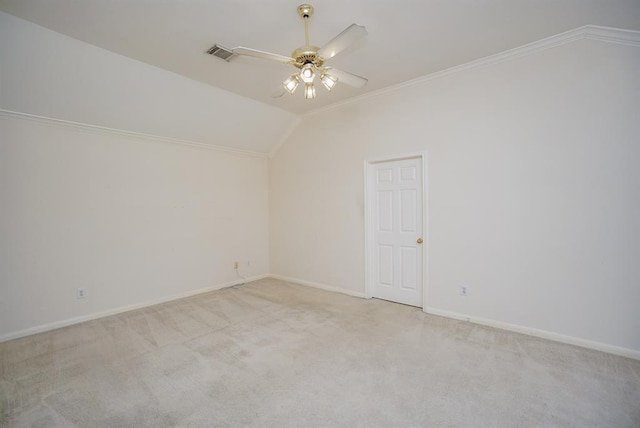 23006 Greenrush Dr, Katy, TX 77494 - spare room featuring crown molding, ceiling fan, lofted ceiling, and carpet floors