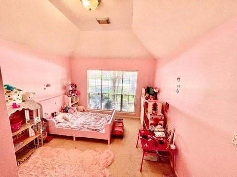 23006 Greenrush Dr, Katy, TX 77494 - bedroom featuring visible vents, carpet flooring, and lofted ceiling