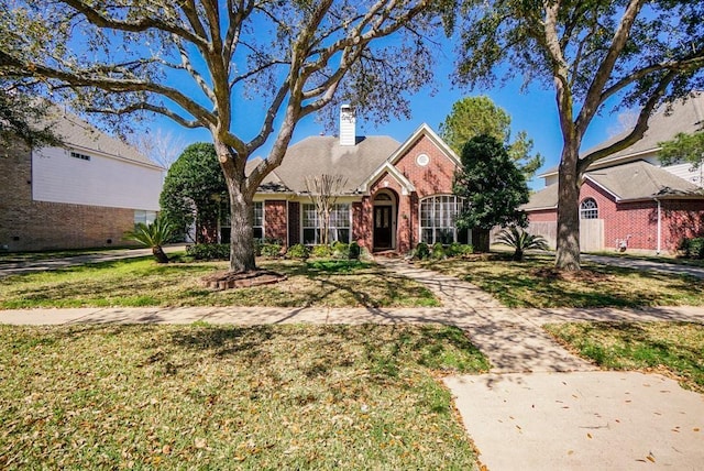 23006 Greenrush Dr, Katy, TX 77494 - view of front of property featuring brick siding, a chimney, and a front lawn