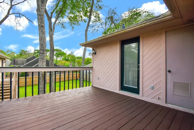 wooden terrace featuring visible vents and fence