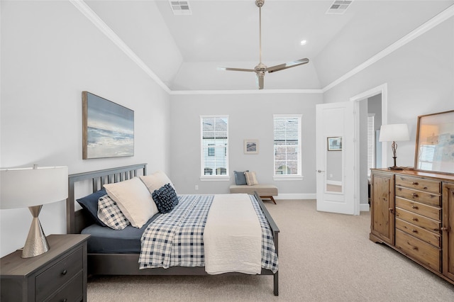 bedroom featuring visible vents, light colored carpet, ornamental molding, and lofted ceiling