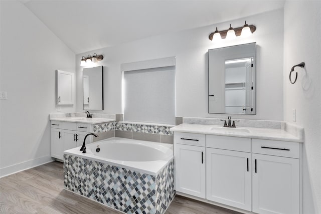 bathroom with two vanities, a sink, and wood finished floors