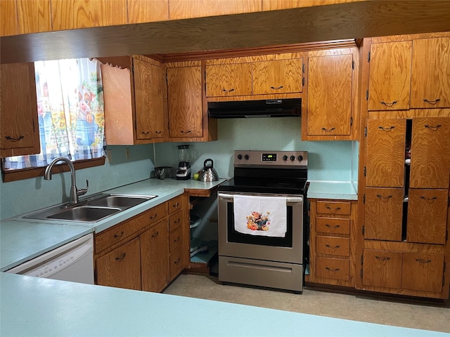 406 W Liberty Rd, Harleton, TX 75651 - kitchen with a sink, stainless steel electric range, white dishwasher, brown cabinetry, and under cabinet range hood