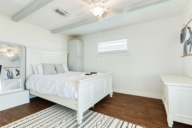 bedroom with beam ceiling, baseboards, dark wood finished floors, and visible vents