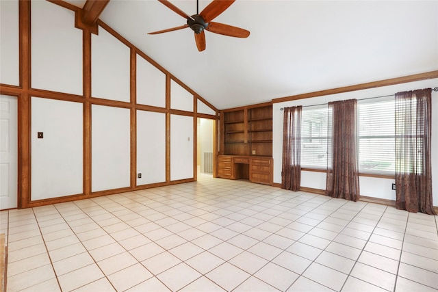 2327 Brookdale Dr, Kingwood, TX 77339 - unfurnished living room featuring built in features, ceiling fan, baseboards, and high vaulted ceiling
