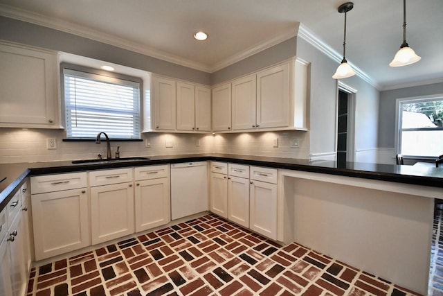 5718 Benning Dr, Houston, TX 77096 - kitchen featuring a sink, dishwasher, brick floors, dark countertops, and recessed lighting