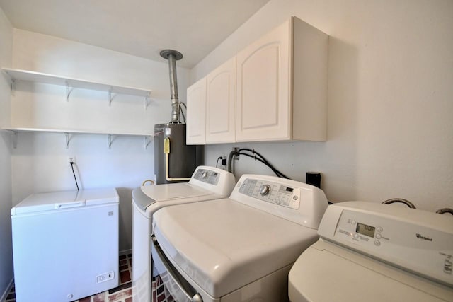 5718 Benning Dr, Houston, TX 77096 - laundry room featuring separate washer and dryer, cabinet space, and water heater