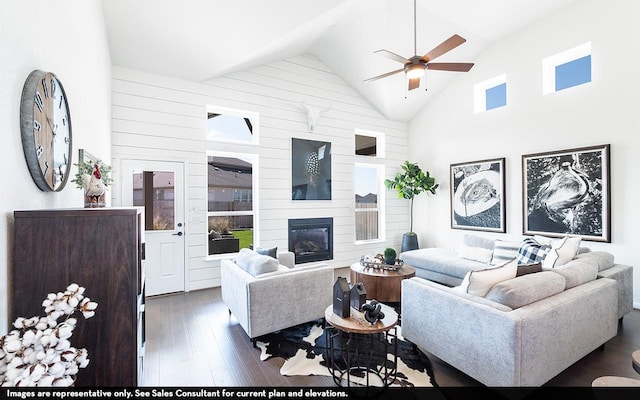 13724 Seneca Lake Dr, Texas City, TX 77568 - living area with ceiling fan, high vaulted ceiling, wood finished floors, and a fireplace