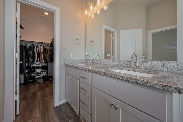 bathroom featuring a walk in closet, wood finished floors, a sink, and double vanity
