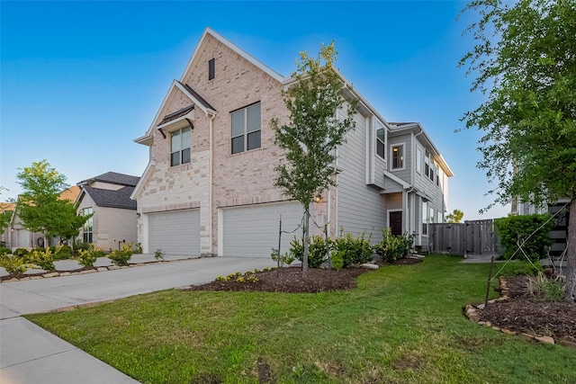 view of side of property with a garage, a yard, driveway, and fence