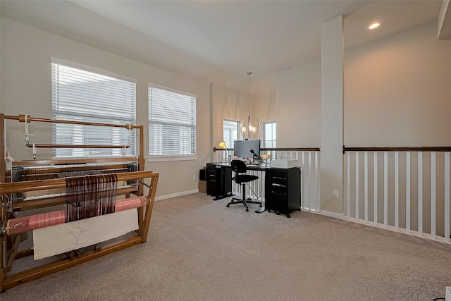home office with a chandelier, baseboards, recessed lighting, and carpet