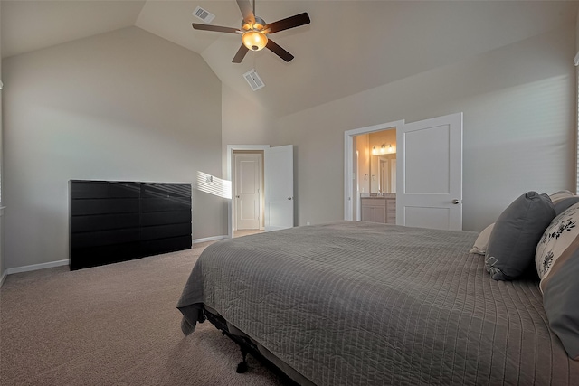 carpeted bedroom featuring visible vents, ceiling fan, high vaulted ceiling, and baseboards