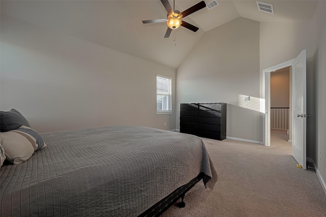 bedroom featuring visible vents, baseboards, high vaulted ceiling, and carpet flooring